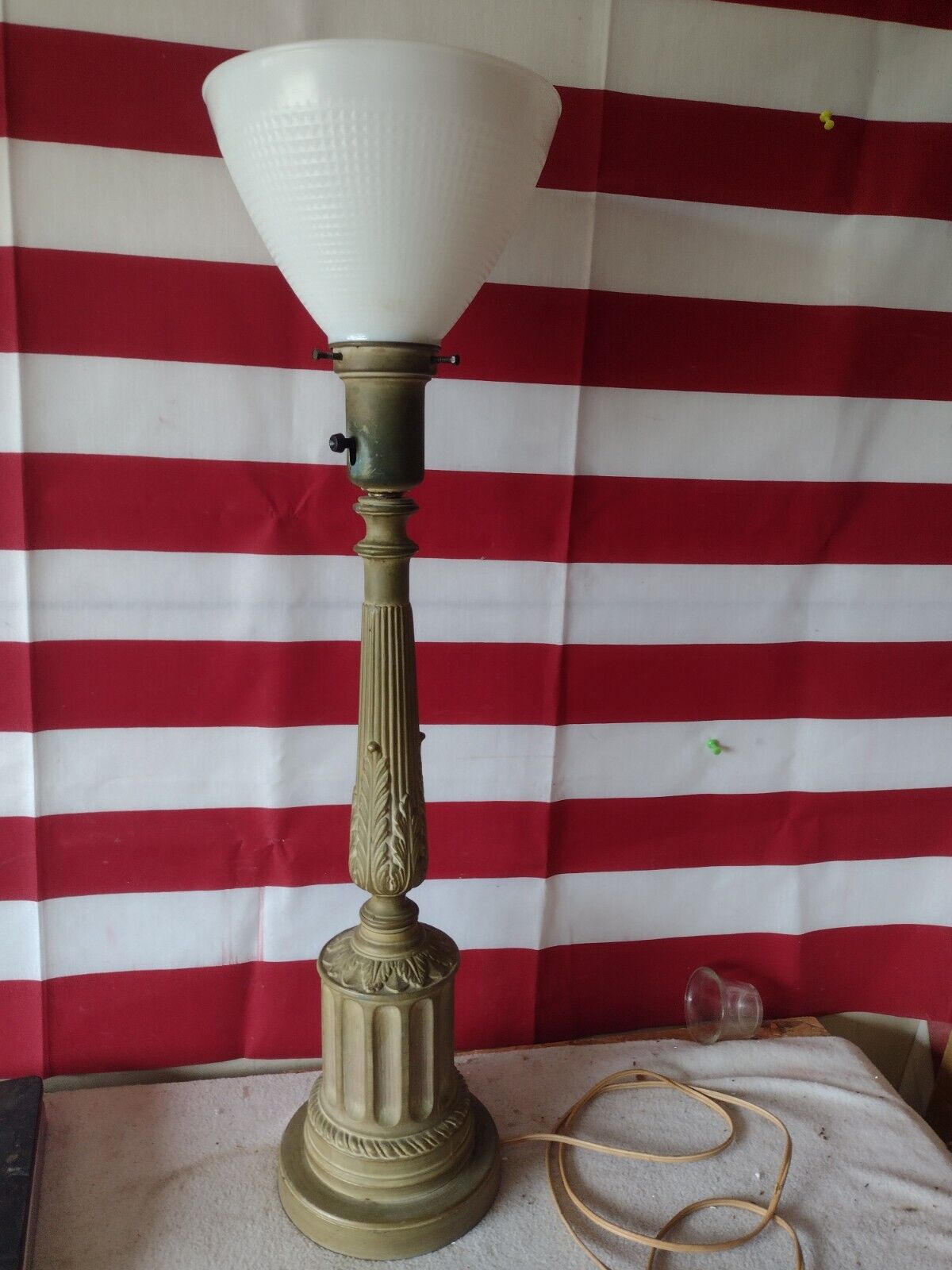 Vintage Mid Century Heavy Brass Color Torchiere Large table Lamp Milk Glass