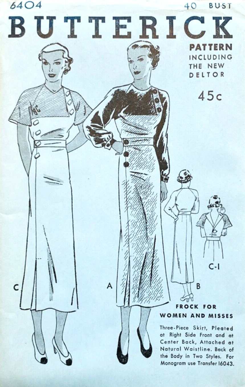 RARE 1930s BUTTERICK 6404 BUST 40 DRESS SLEEVE BODICE BACK VARIATIONS UC/FF