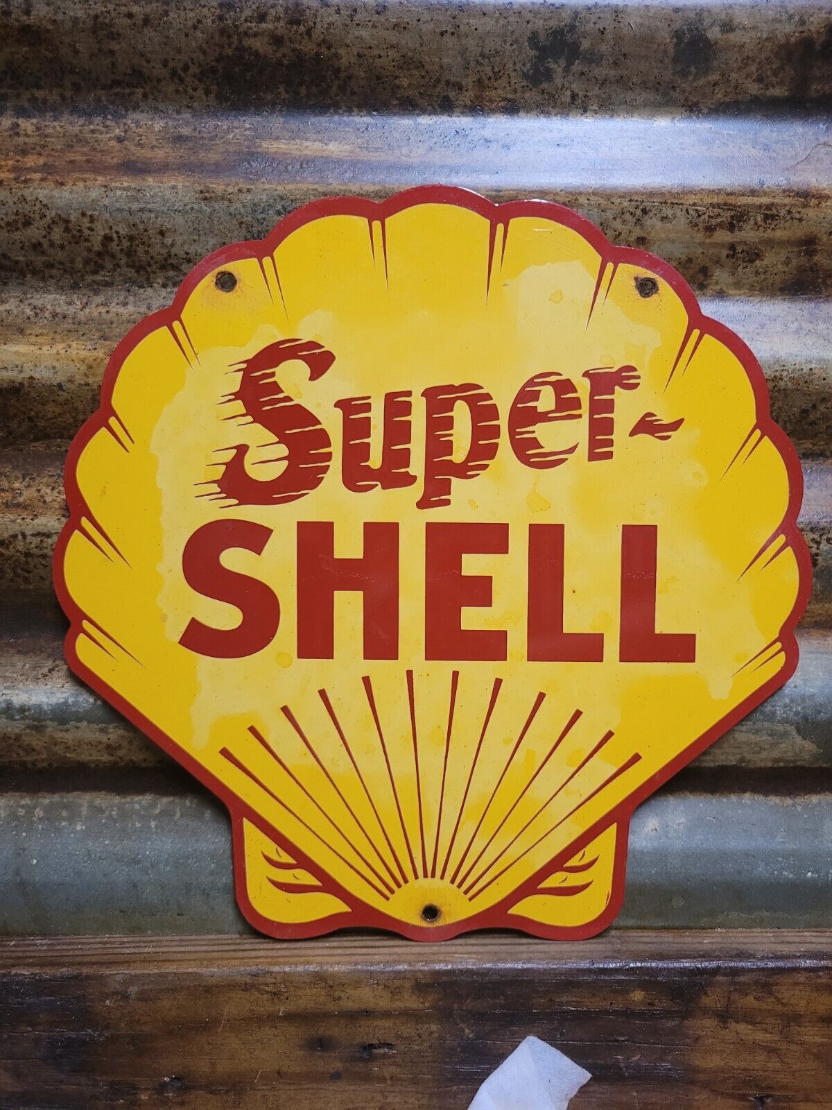 VINTAGE SUPER SHELL PORCELAIN SIGN MOTOR OIL GAS STATION SERVICE USA DIECUT PUMP
