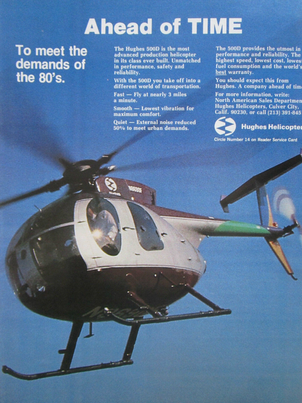 2/1980 PUB HUGHES HELICOPTERS CULVER CITY HUGHES 500D HELICOPTER ORIGINAL AD
