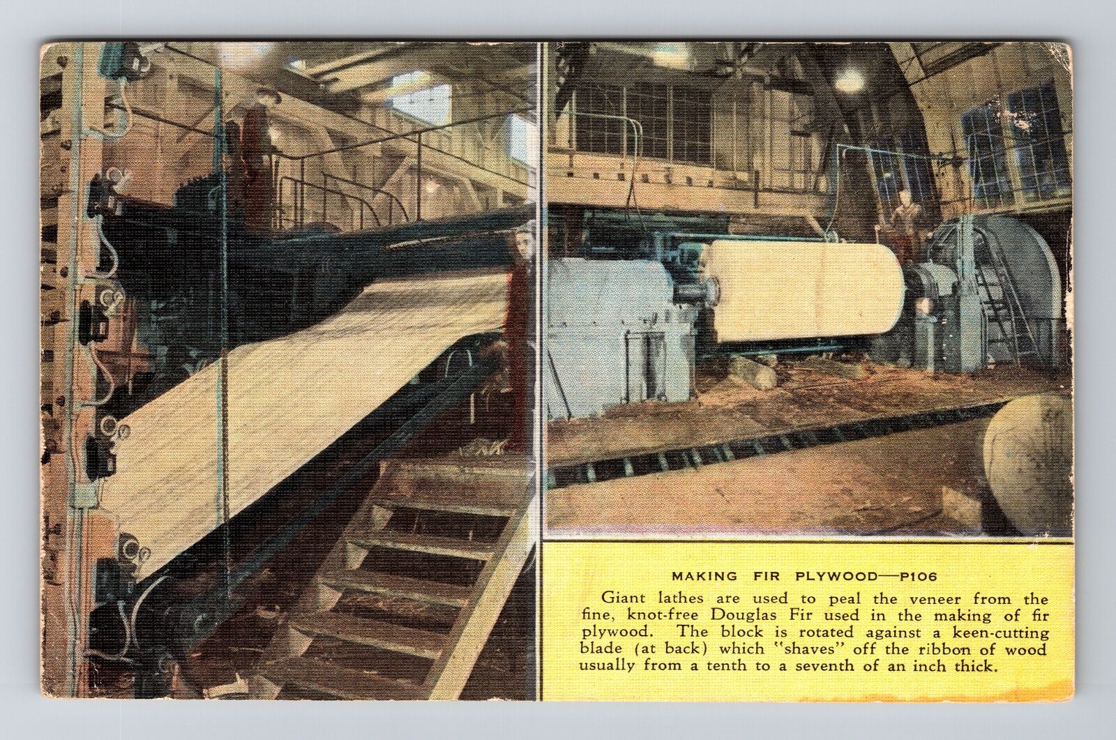 Interior of Lumber Mill Making Douglas Fir Plywood, Vintage Linen c1950 Postcard