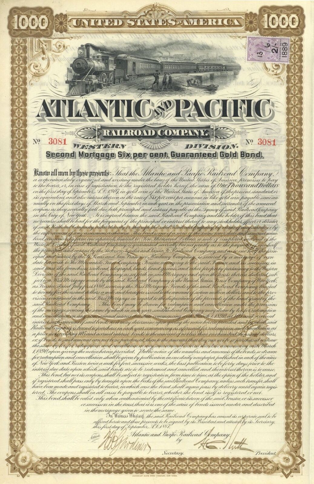 Atlantic and Pacific Railroad - 1887 dated $1,000 Railway Vertical Bond (Uncance
