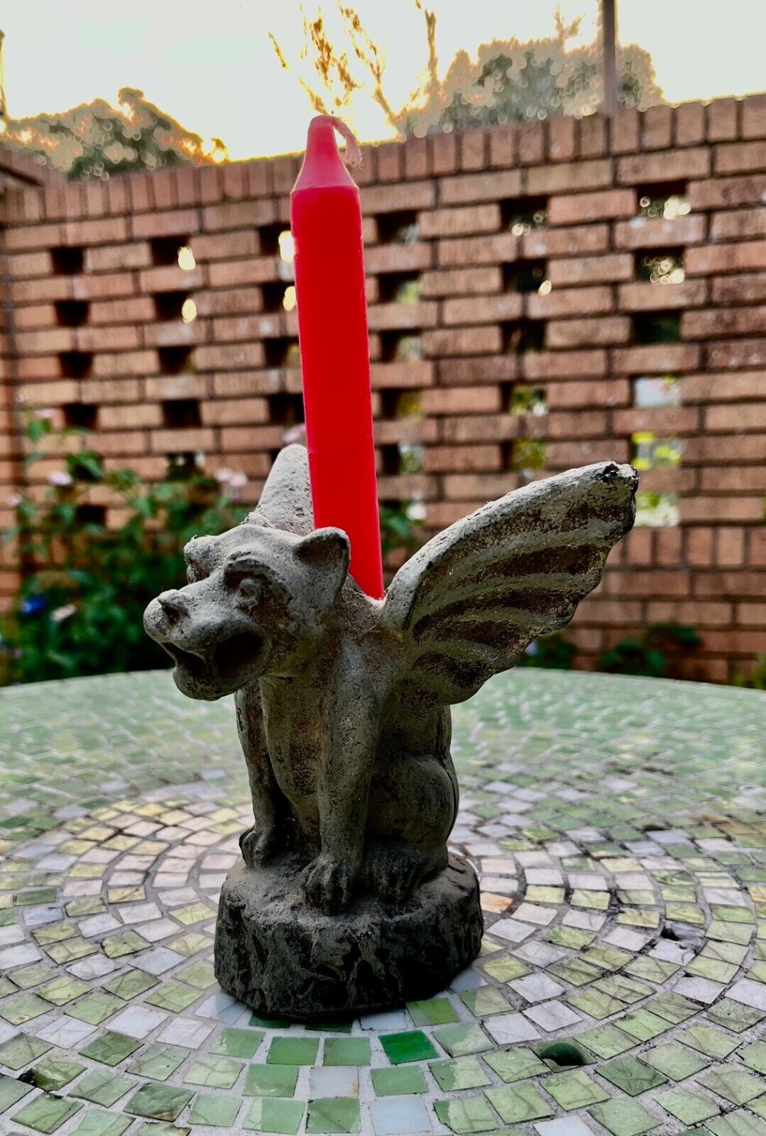 Gargoyle Candle Holder Winged Dog Aged Cement Gothic Medieval Vintage 1996 HPI