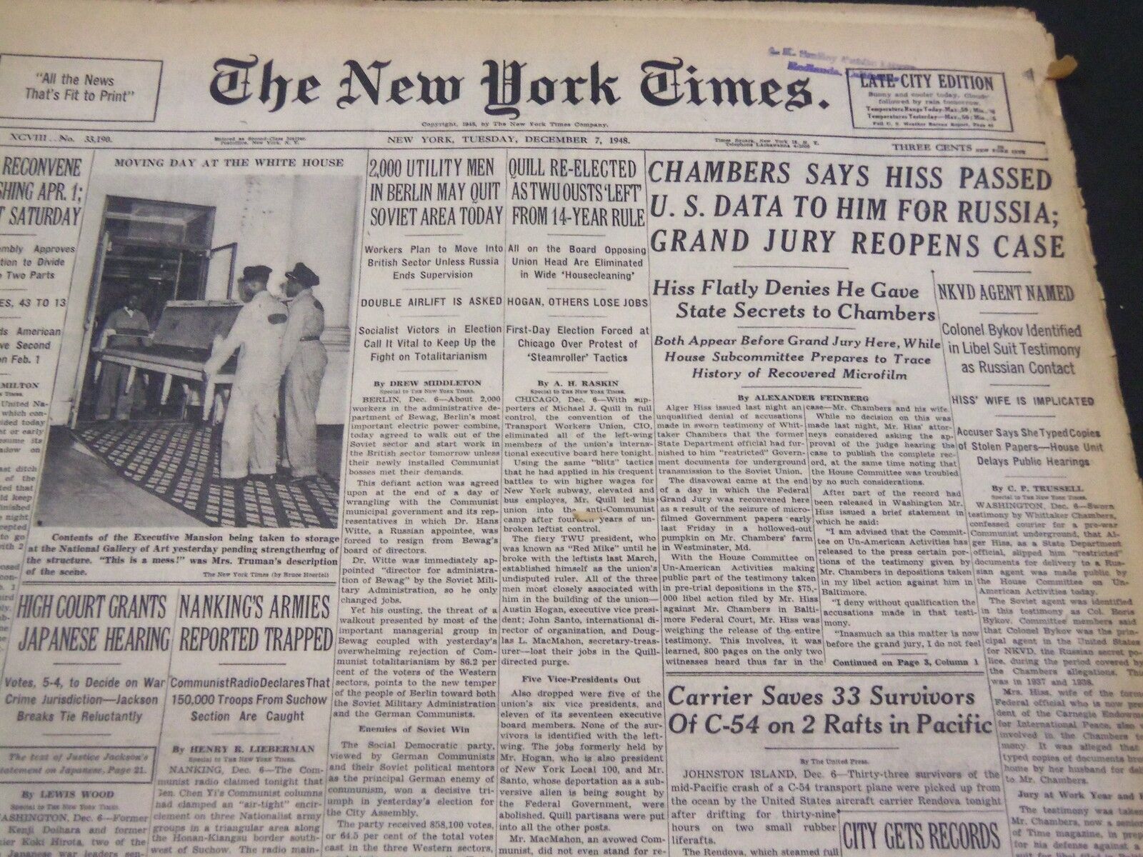 1948 DECEMBER 7 NEW YORK TIMES - CHAMBERS SAYS HISS PASSED U. S. DATA - NT 4411