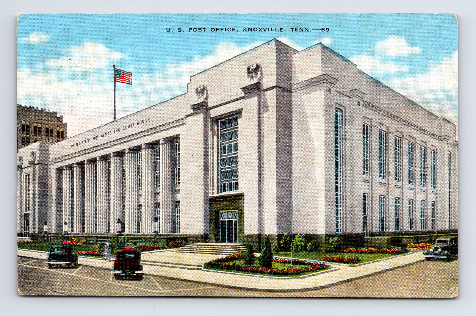c1947 Linen Postcard Knoxville TN Tennessee US Post Office Building Old Cars