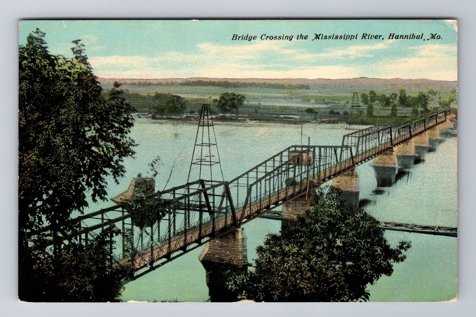 Hannibal MO-Missouri, Aerial Bridge Crossing River, Antique, Vintage Postcard