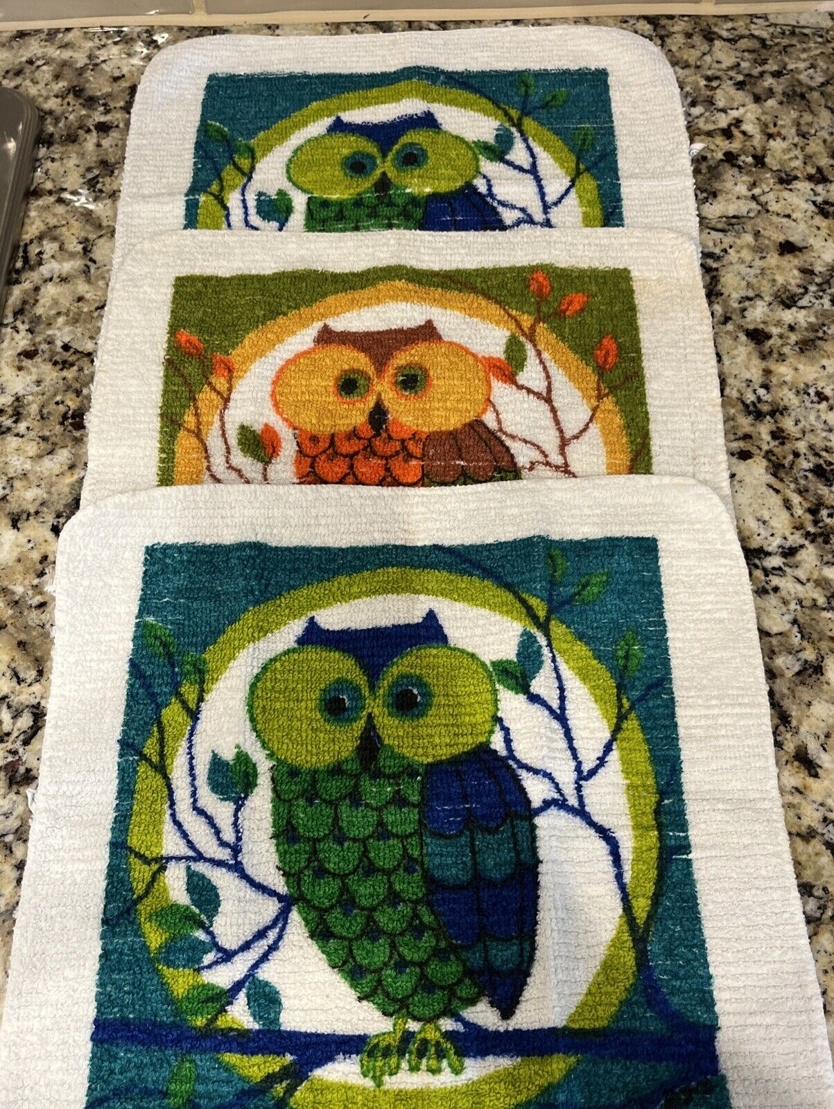 🌿 Cute Cotton Vintage 🌿 Hand Towel & 3 Wash Clothes With 70’s Owls 🦉