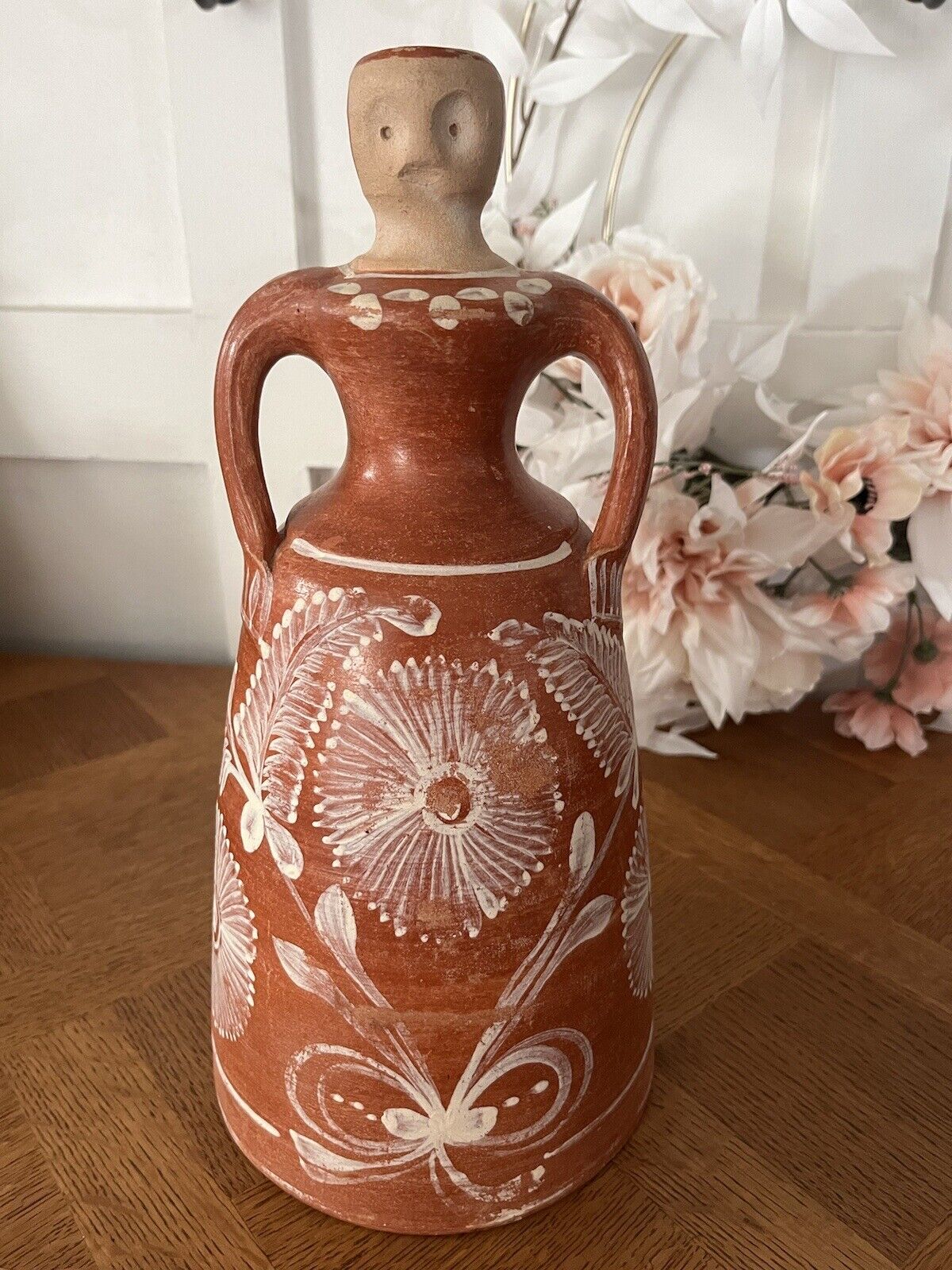 Vintage Mexican Terracotta Pottery Jug Woman With Florals