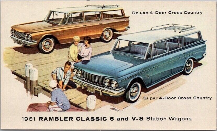 1961 AMC RAMBLER CLASSIC Car Advertising Postcard Classic 6 & V-8 Station Wagons
