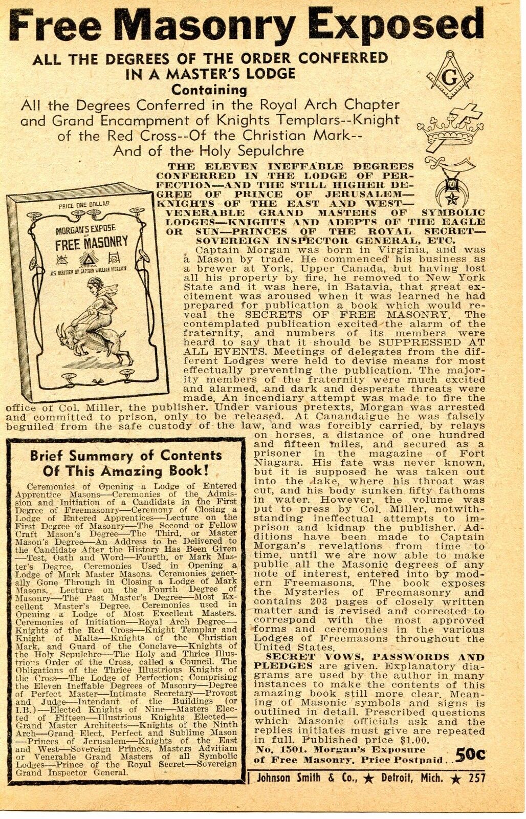 1948 small Print Ad of Captain Morgan\'s Free Masonry Exposed Knights Templar