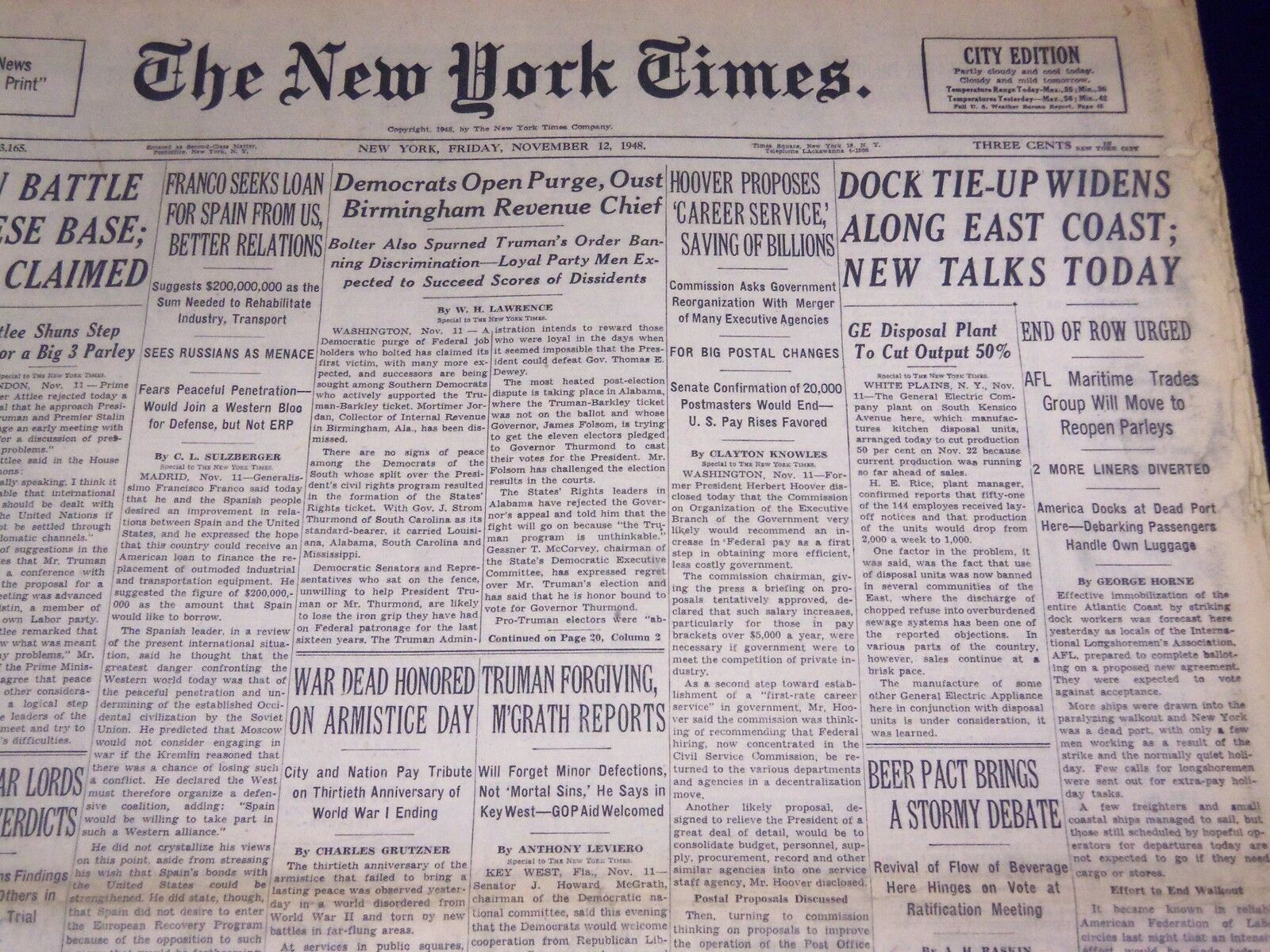 1948 NOVEMBER 12 NEW YORK TIMES - DOCK TIE-UP WIDENS - NT 3526