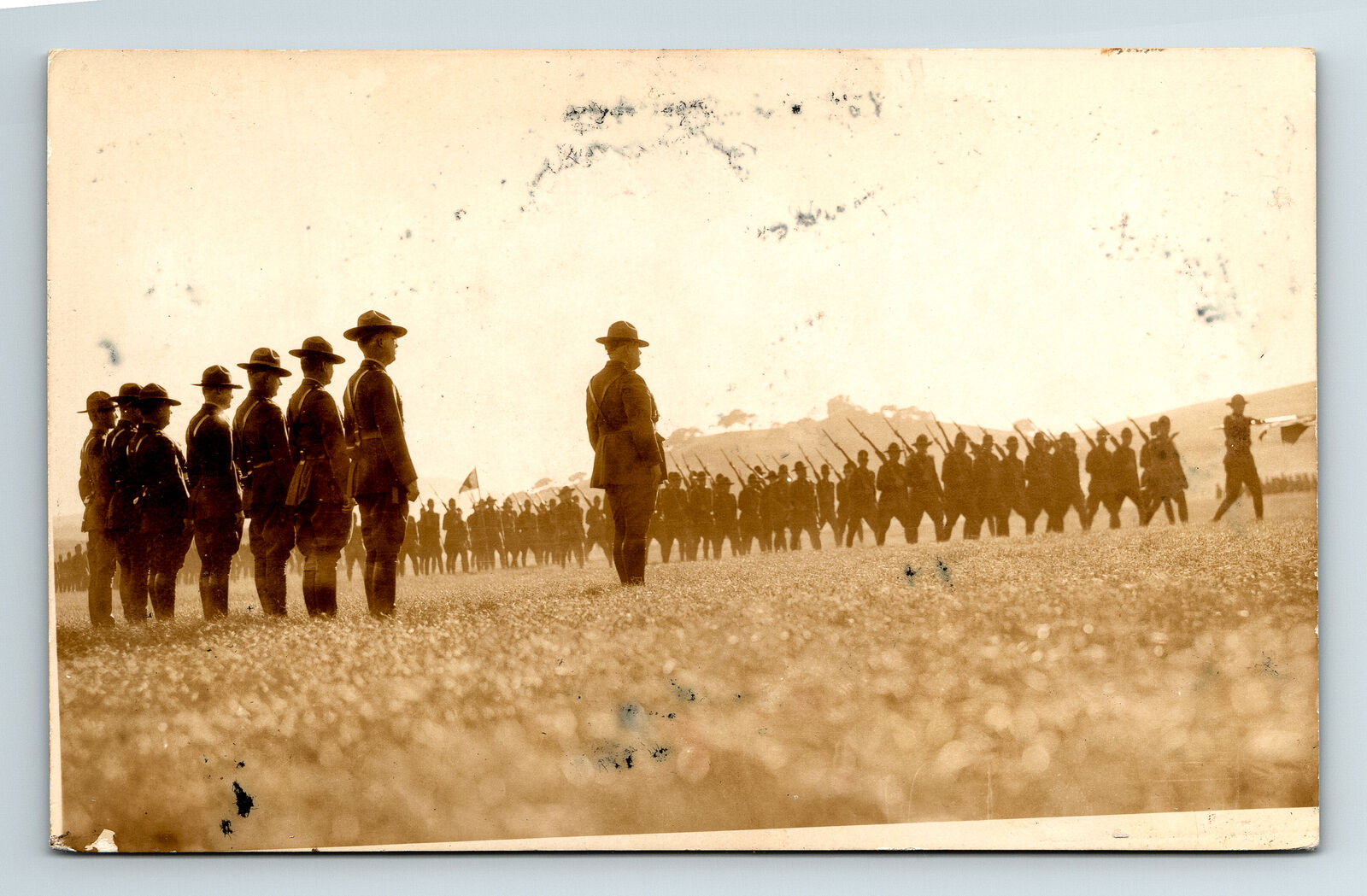 RPPC Postcard Uknown Soldiers WWI Era Marching Review Rifles Bayonnettes