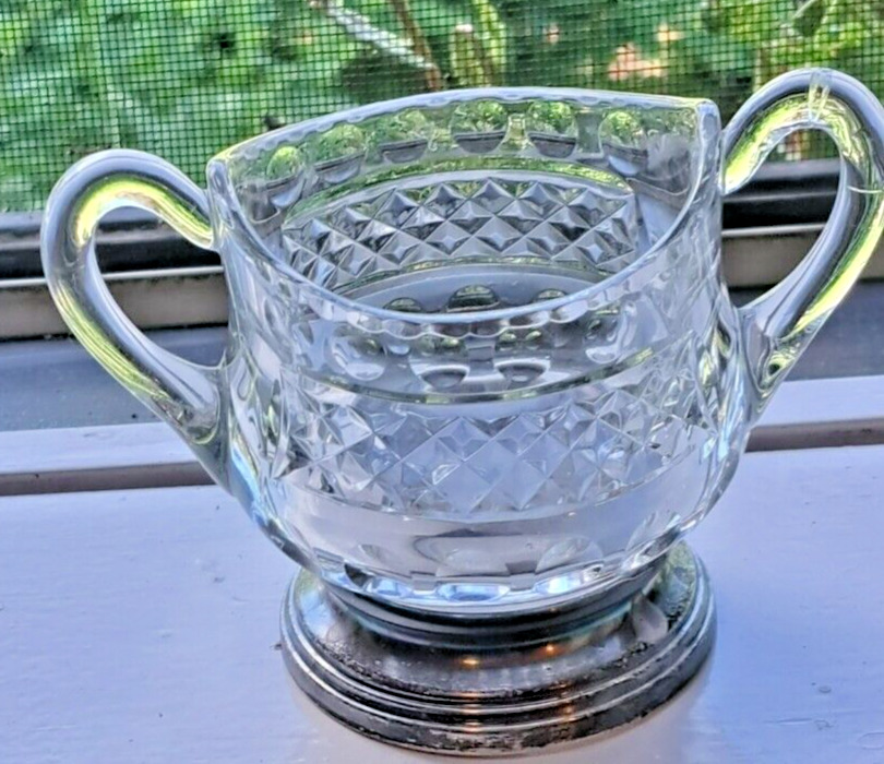 Vintage small pressed glass sugar bowl - silverplate or pewter rim aroun base