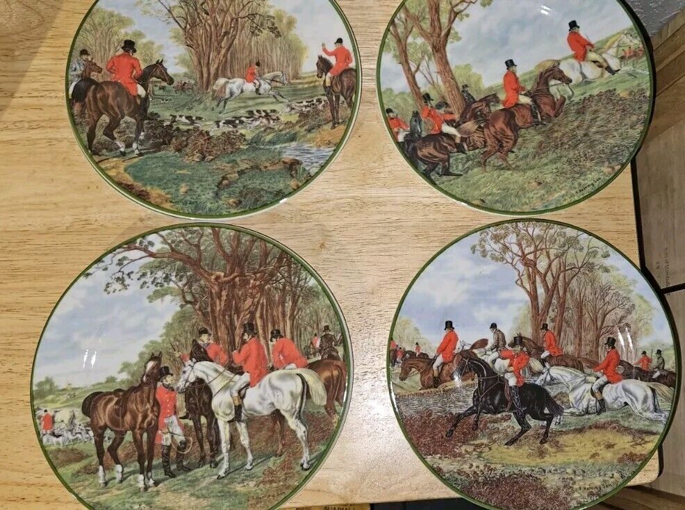 6 Vintage Email de Limoges 1855 THE HUNT Fox Hunting Equestrian Plates 24E002