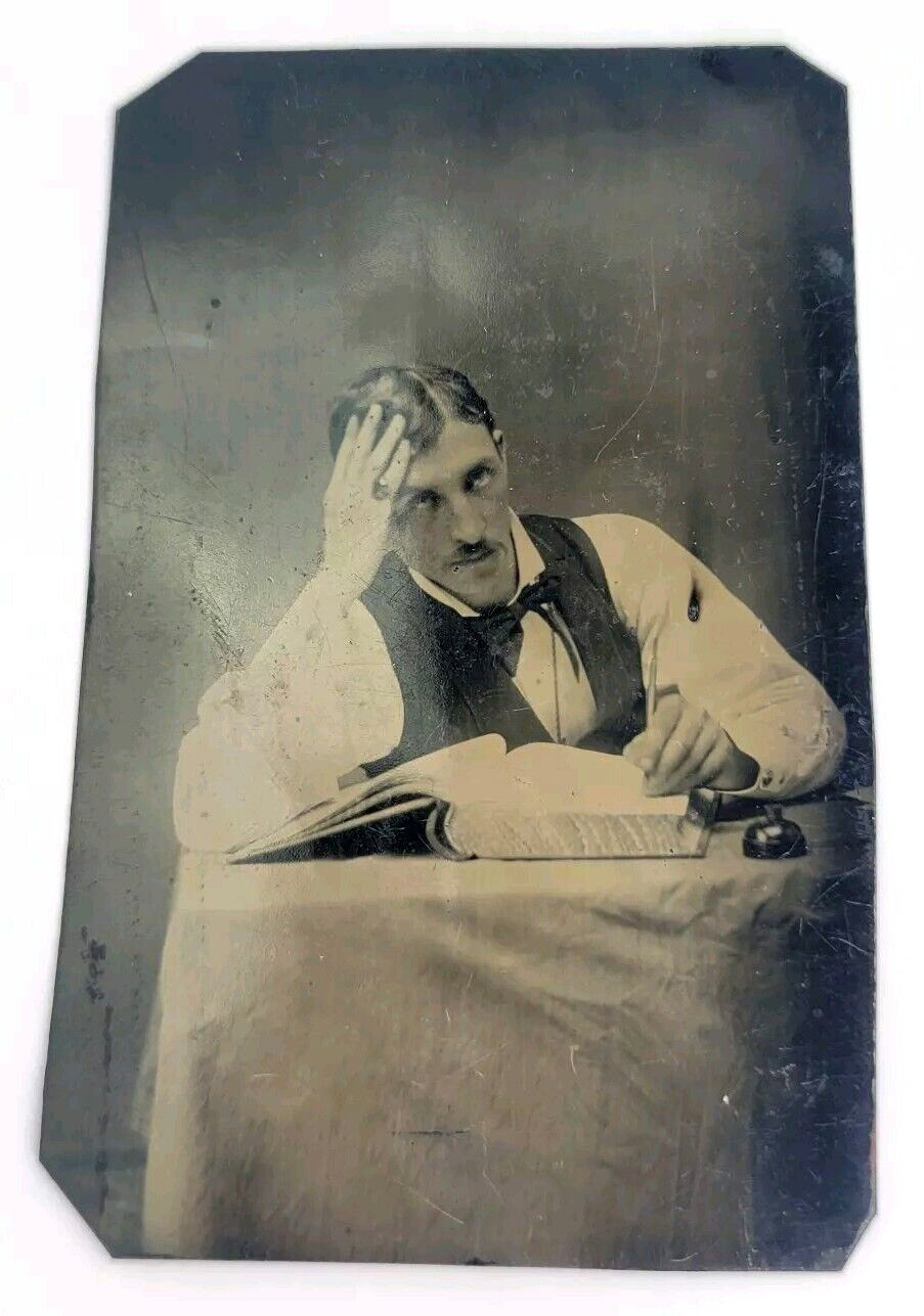 Antique Unique Candid Tintype Man Writing Author Book Inkwell Library 1/6 Plate