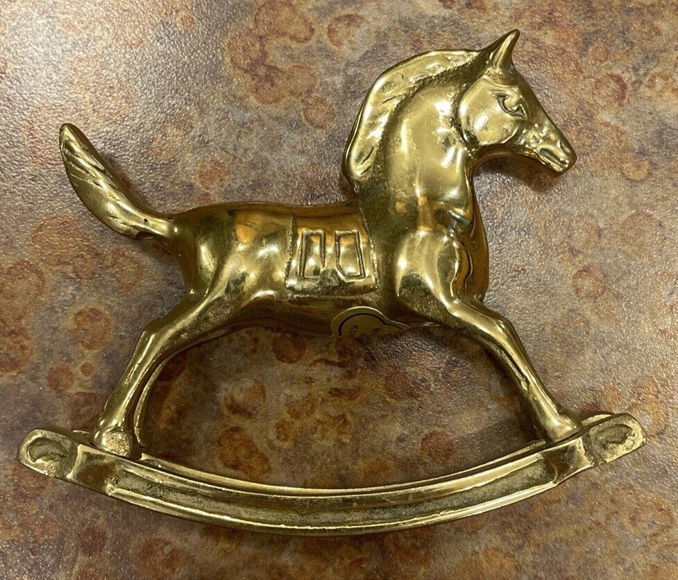 Vintage Small Brass Rocking Horse Nursery Decor Figurine Equestrian Statue