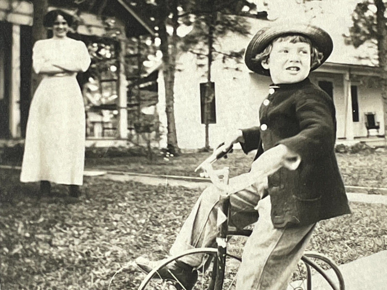 T8 RPPC Photo Postcard Boy Kid Riding Tricycle Proud Mother Looks On