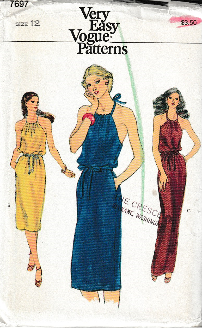 Vintage Vogue Pattern 7697 c1970's, Misses Halter Dress, Size 12, FF