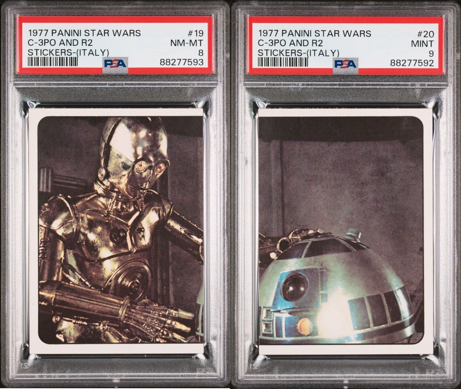 1977 PANINI STICKERS STAR WARS (ITALY) 19 & 20 C-3PO AND R2 PSA 8 and 9