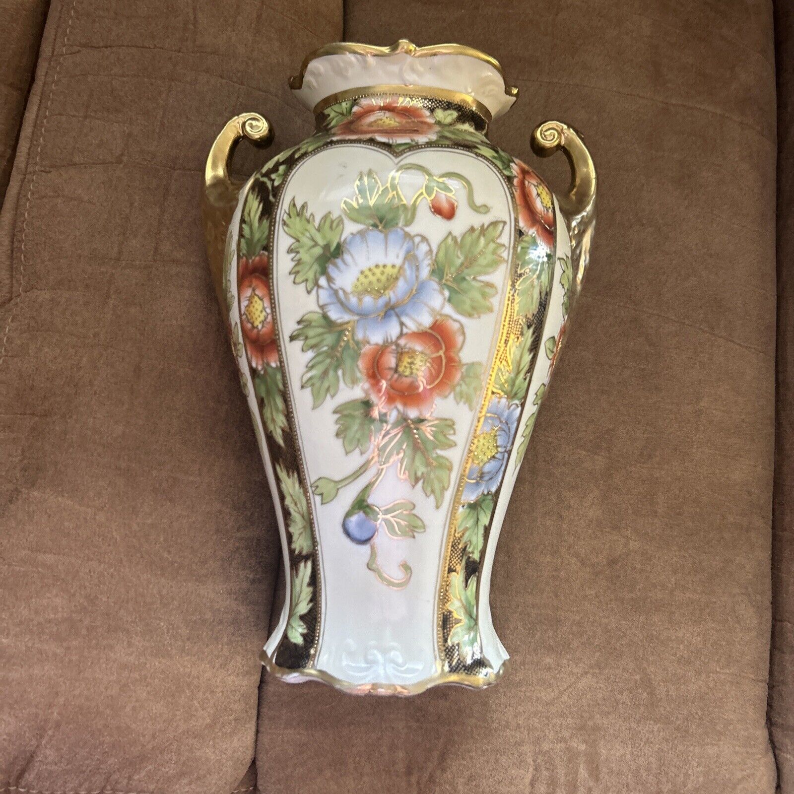 Vintage Noritake 10 1/2” Floral Gold Detail Hand Painted Vase