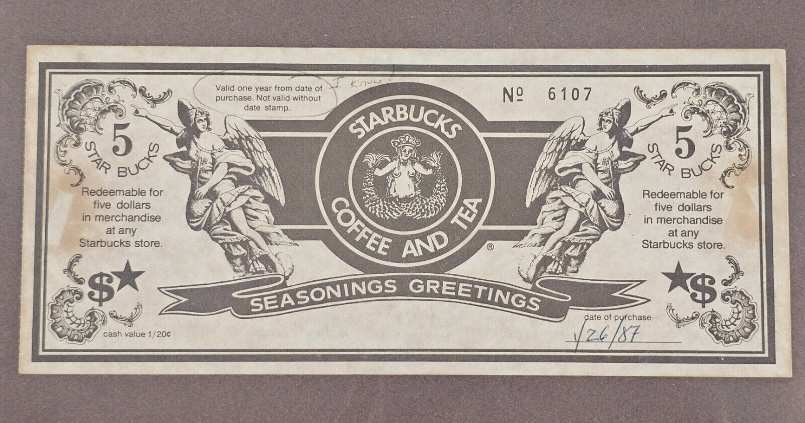 Vintage STARBUCKS voucher from 1987