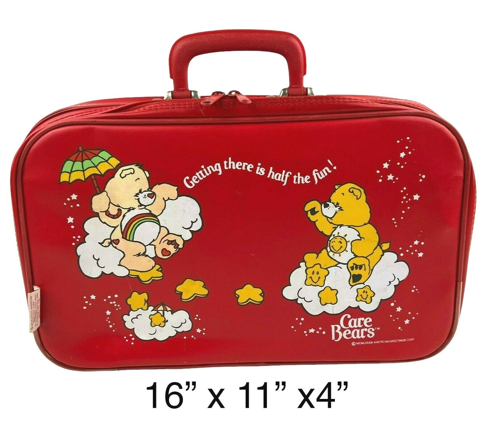 Care Bears 1983 Red Vinyl Suitcase Kids Luggage 16 x 11 x 4 Peters Bag Vintage