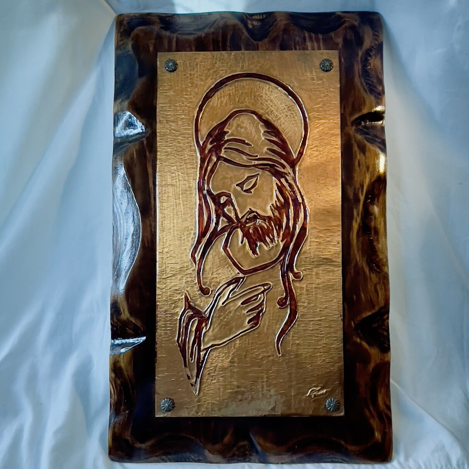VTG Copper Jesus In Relief Artisan Made In Puerto Rico 1970s￼￼