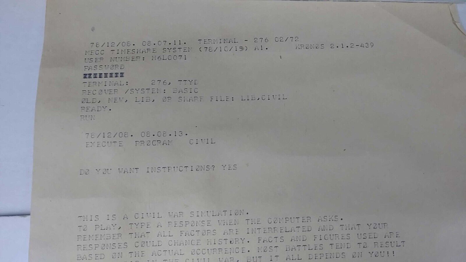 1978 MECC Civil War Sim Teletype Print Out, Control Data Corporation Cyber 73