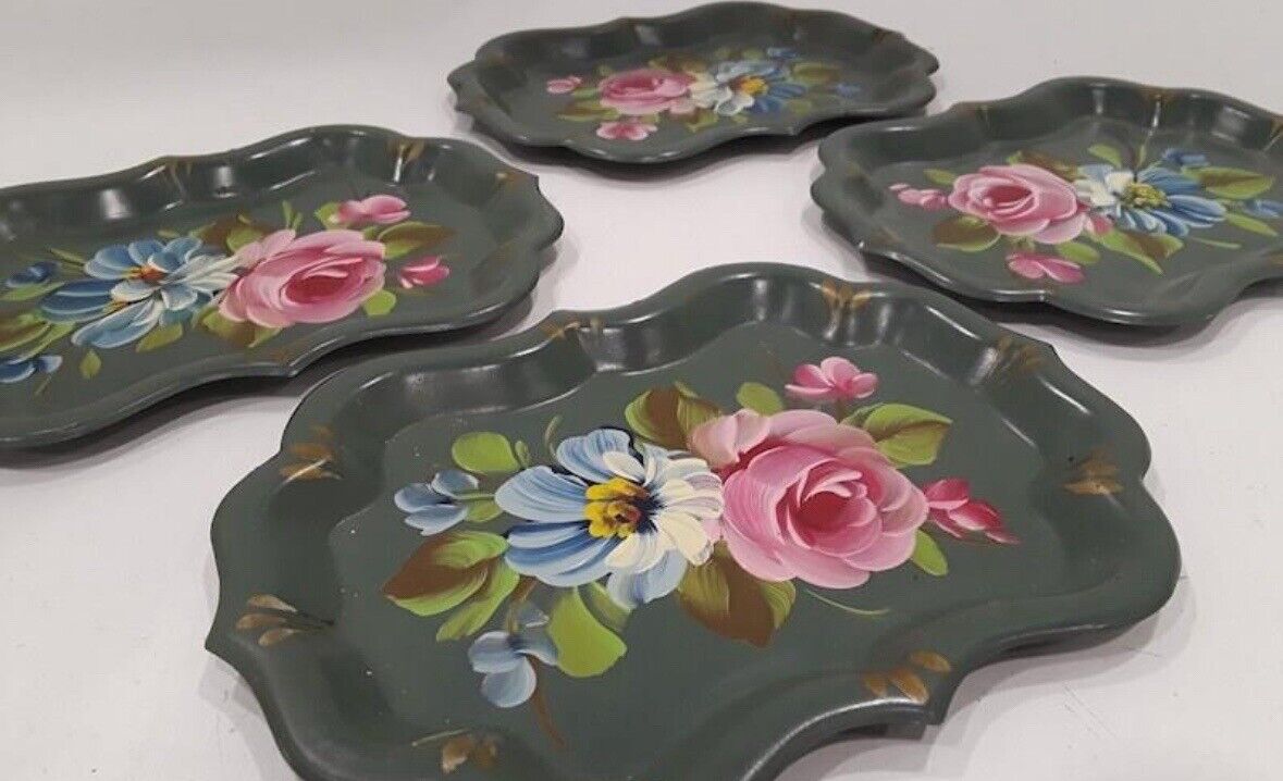Four Handpainted Vintage 8”x5” Tole Trays In Beautiful Condition