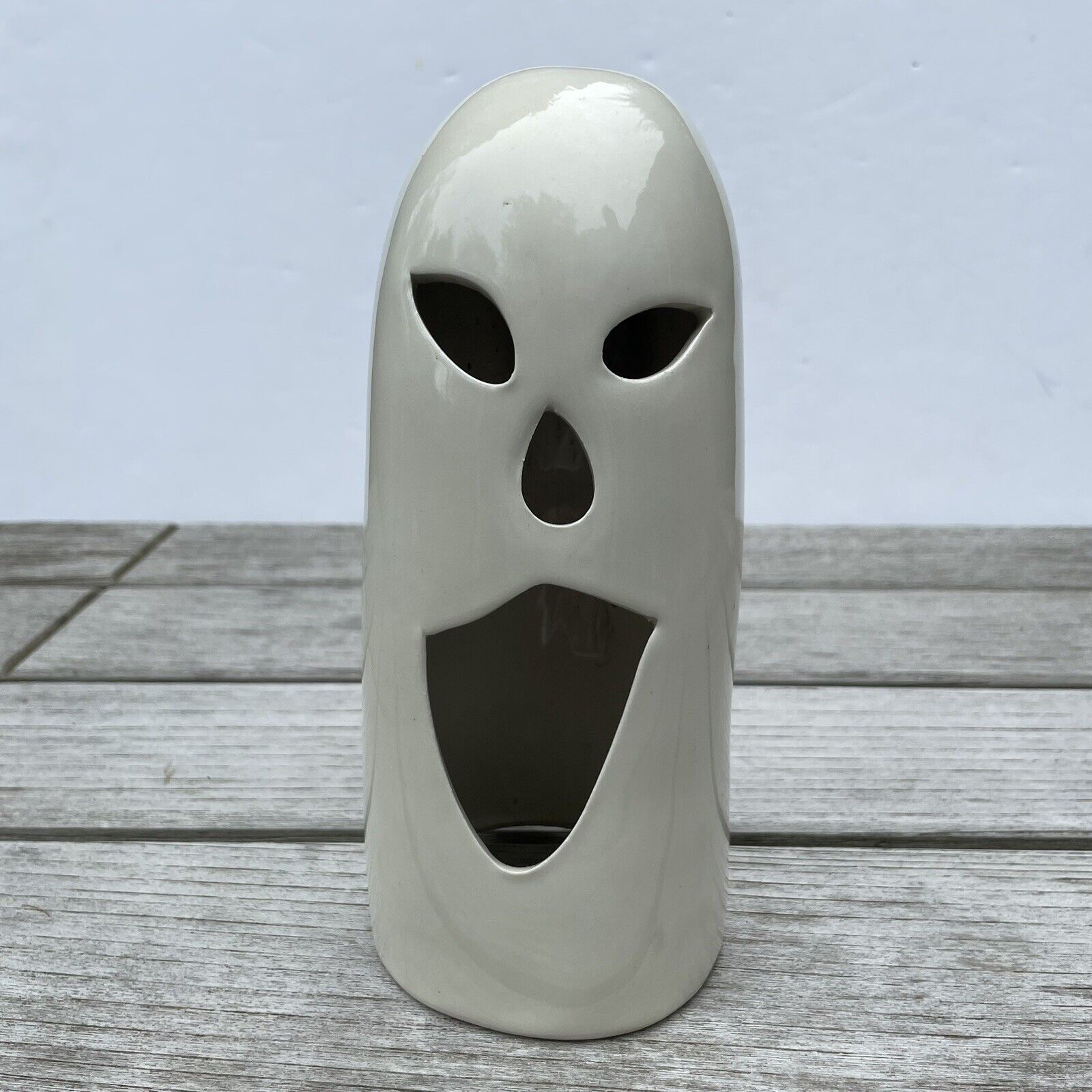 Halloween Ceramic GHOST Figure 8” White Glows Spooky Decor Candle Holder Vintage