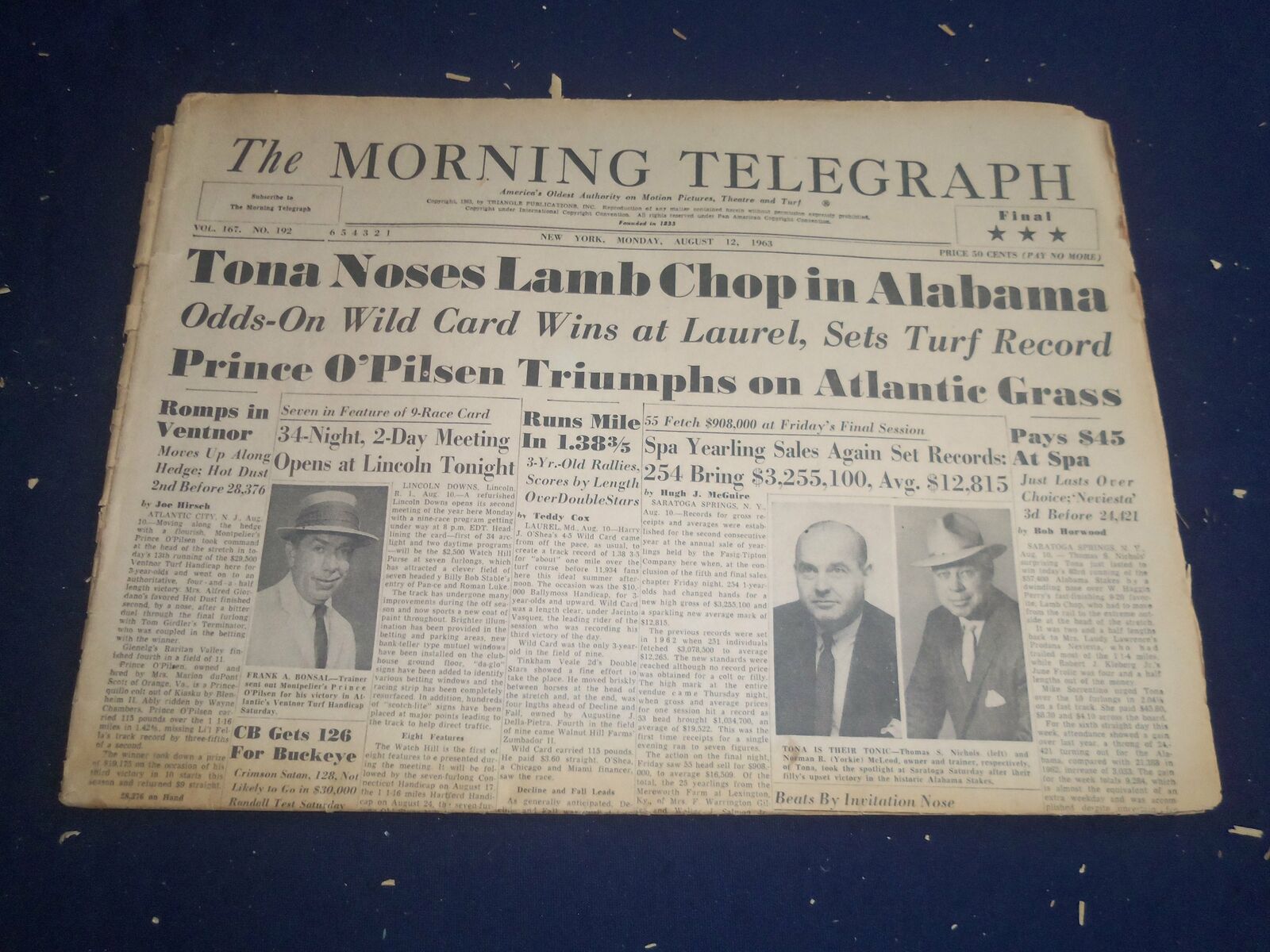 1963 AUGUST 12 THE MORNING TELEGRAPH - TONA NOSES LAMB CHOP IN ALABAMA - NP 5550