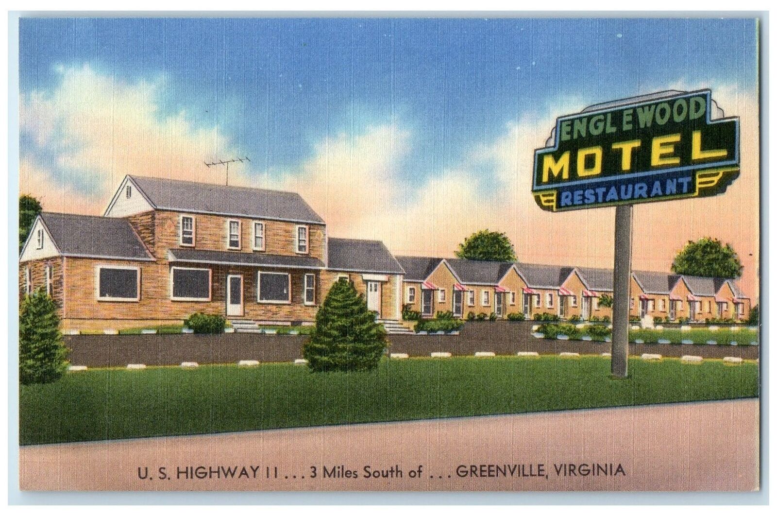 c1940's Englewood Motel & Restaurant Cottages Greenville Virginia VA Postcard