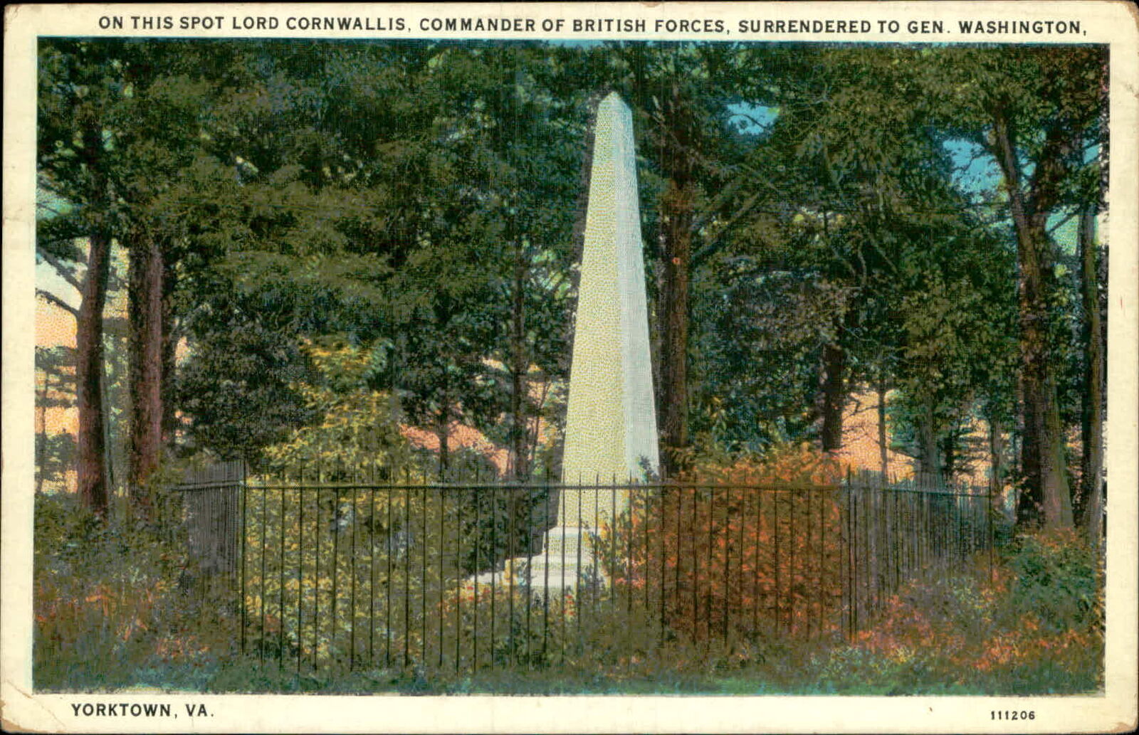 Postcard: ON THIS SPOT LORD CORNWALLIS, COMMANDER OF BRITISH FORCES, S