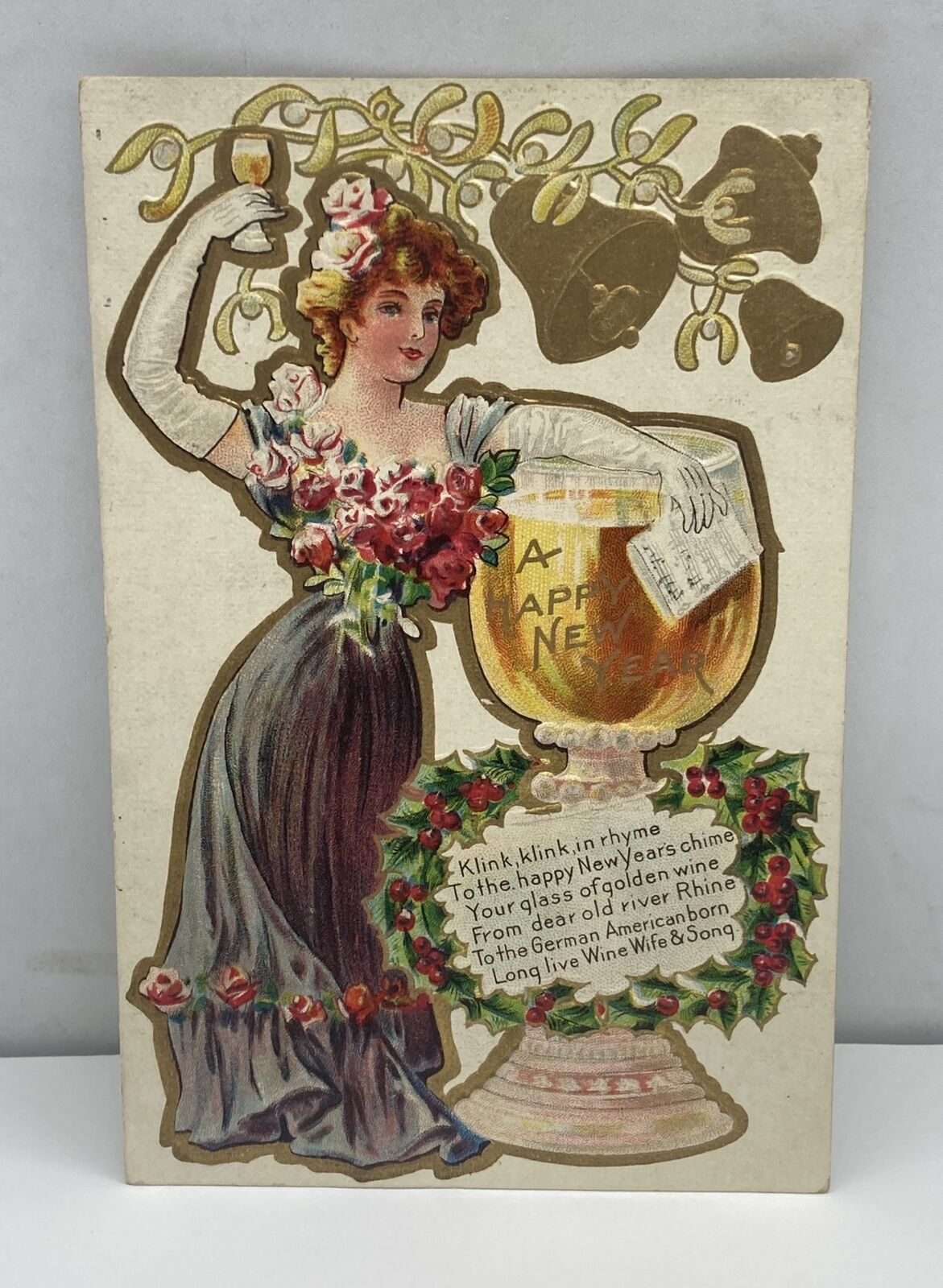 1912 New Year Toast Series No. 1 Postcard ~ A Happy New Year Lady In Dress
