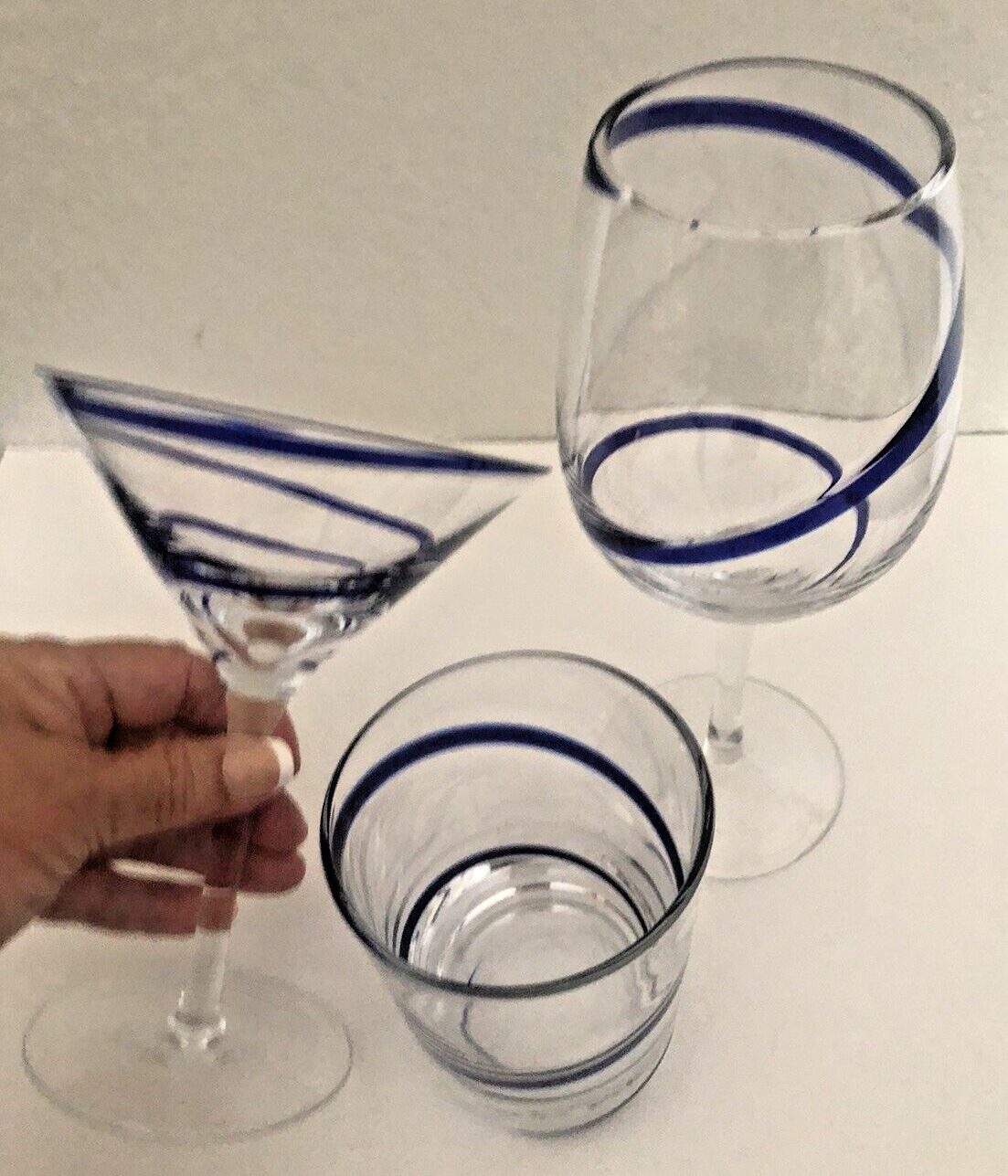 Set 3 Vtg PIER 1 Cobalt Blue SWIRL Swirline WINE Martini Old Fashioned GLASSES