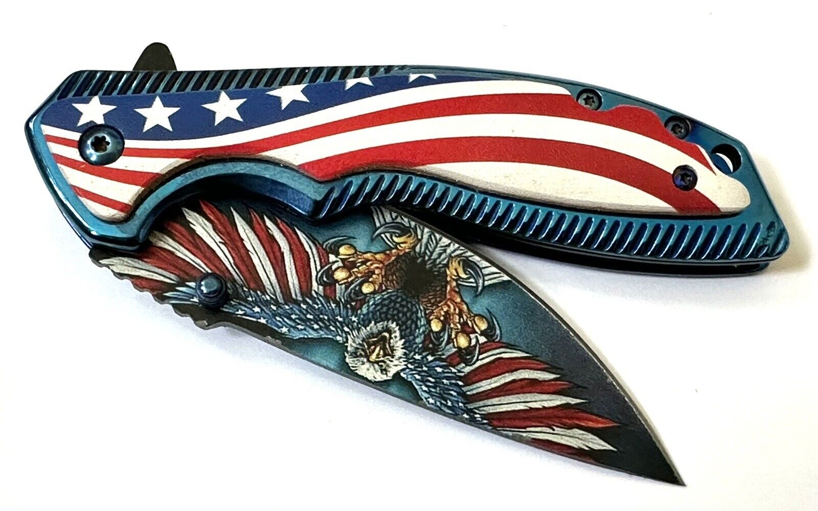 American Eagle Flag Pocket Knife Blue Metal Freedom Full Size 4.5” Sharp Edc