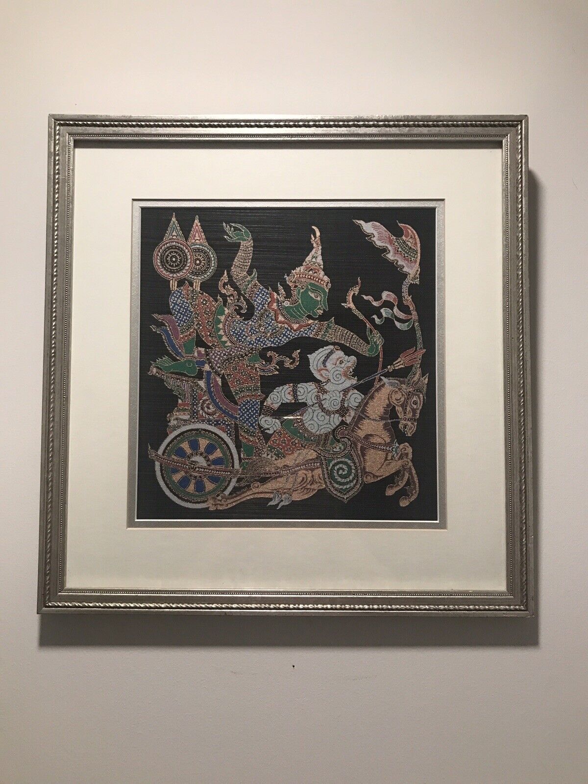 Vintage Thai Painting Black Silk Prince Ramakien Mythology Framed  Oriental Rare