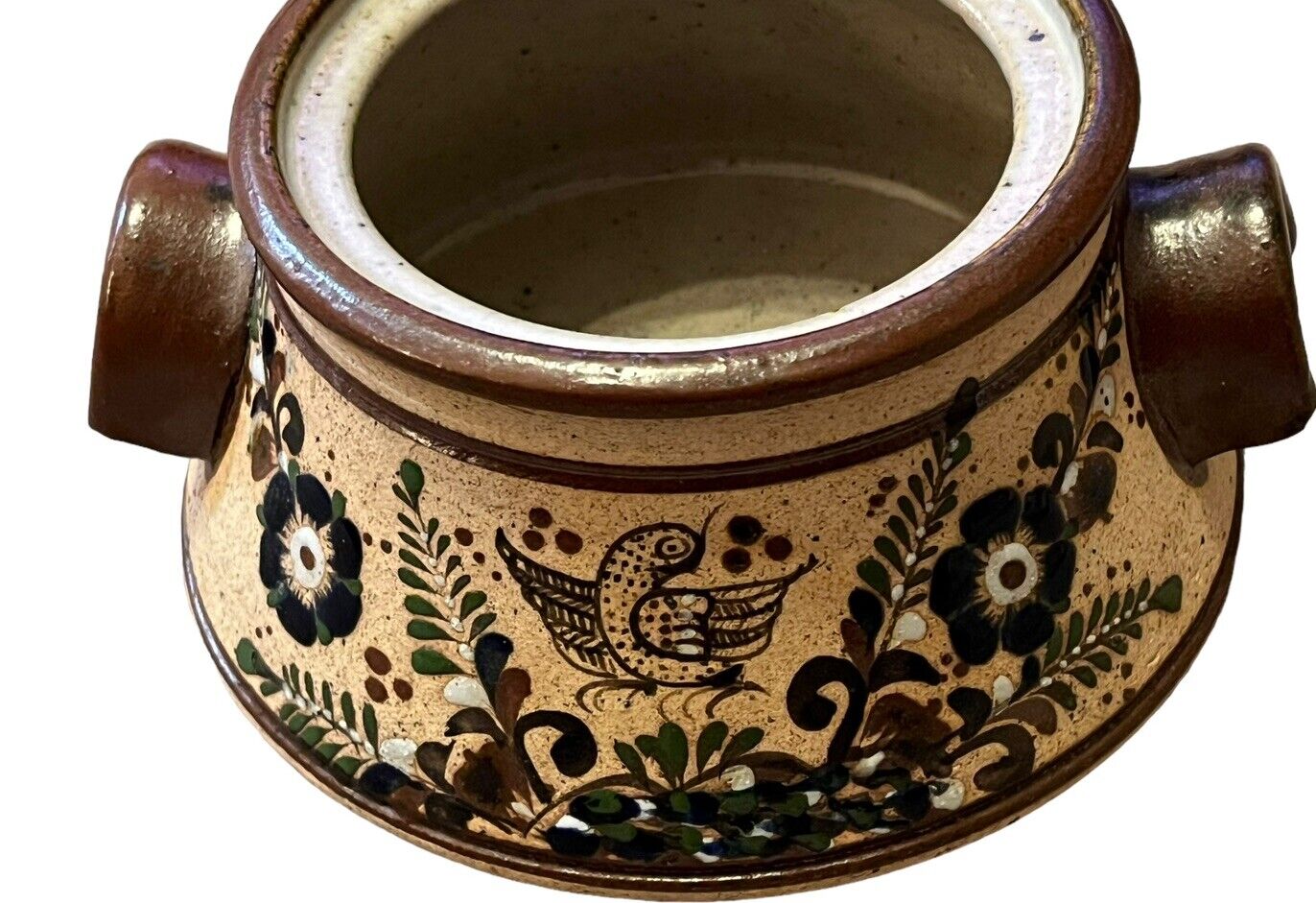Vintage TONALA Stone Mexican  Folk Art Pottery Bowl Floral Signed Netzi- No Lid