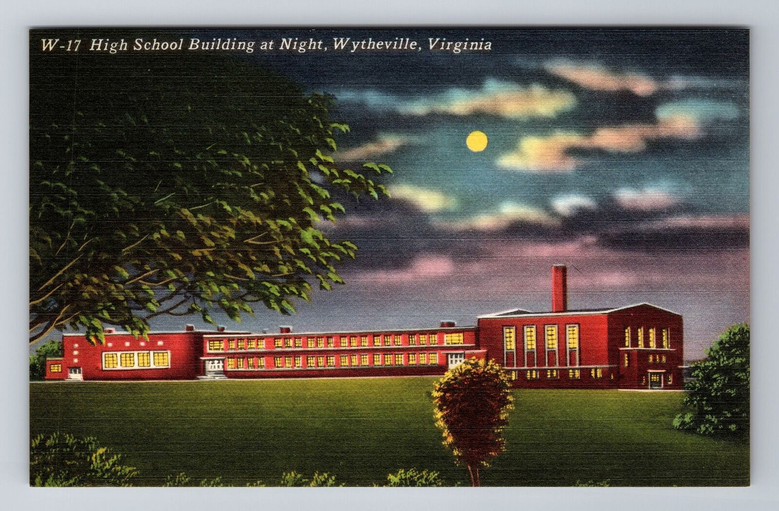 Wytheville VA-Virginia, High School Building At Night, Antique Vintage Postcard