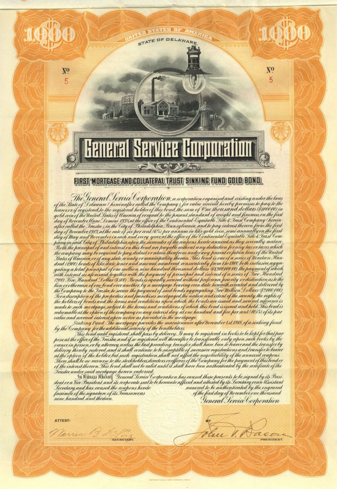 General Service Corporation - 1913 dated $1,000 Delaware Gold Bond - General Bon