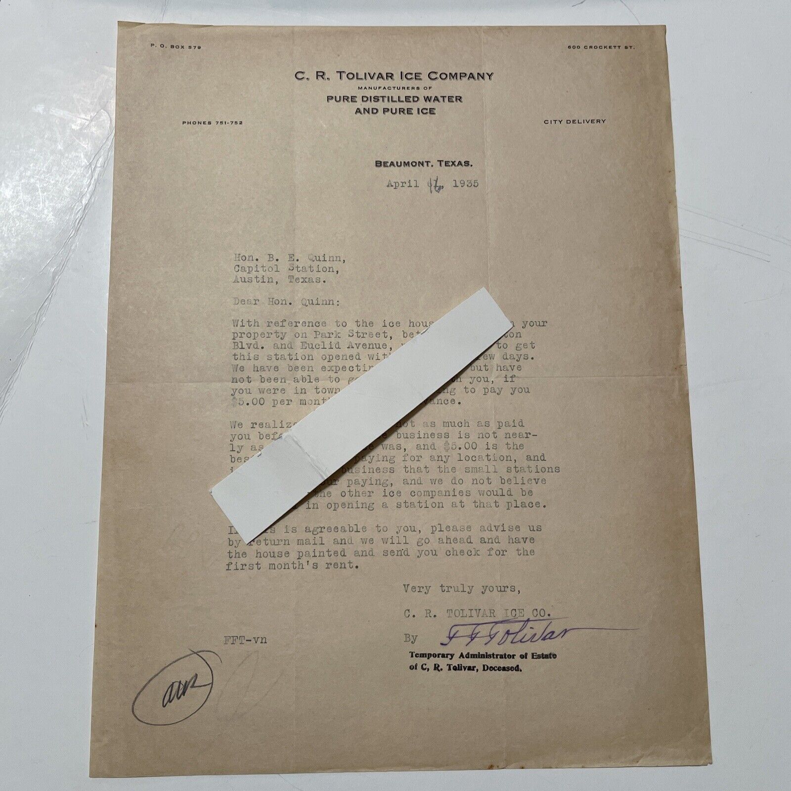 Antique Letter C. R. Tolivar Ice Company Beaumont TX texas 1935 