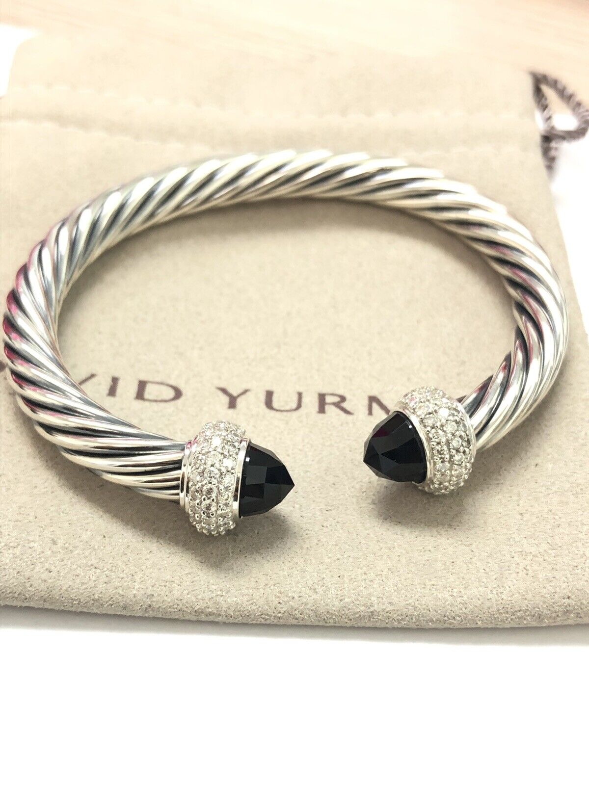 David Yurman Silver 925  7mm Cable Candy Bracelet With Black Onyx & Diamonds
