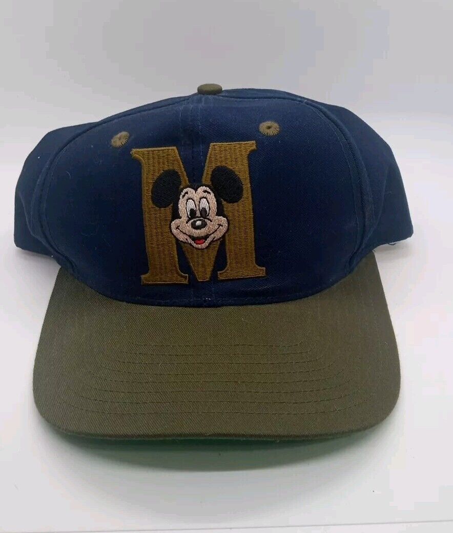 Mickey Mouse Cap M Logo Vintage 90s Disney Snapback Made in USA Navy/Olive