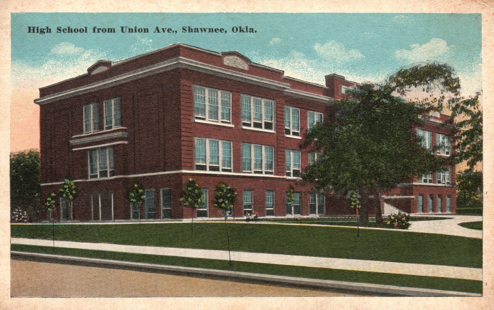 Vintage Postcard 1920\'s High School Building From Union Ave. Shawnee Oklahoma OK
