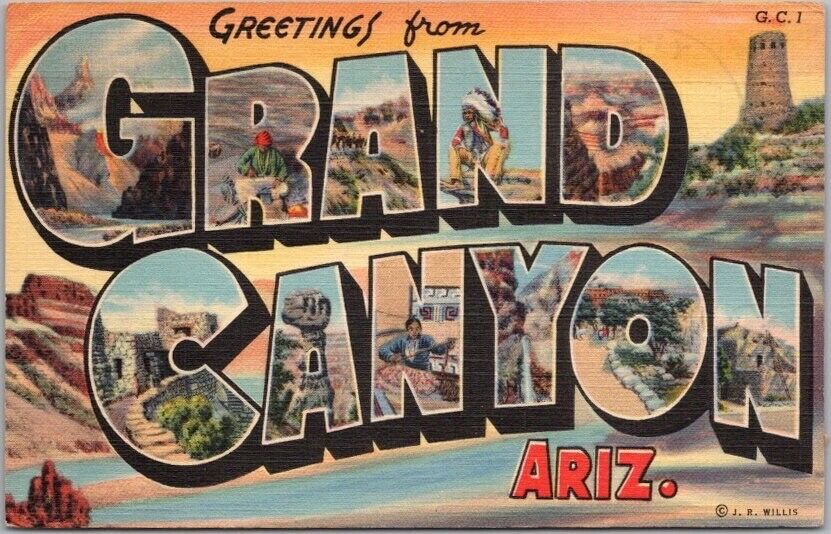 GRAND CANYON Large Letter Linen Postcard National Park Arizona 1943 *Back Damage