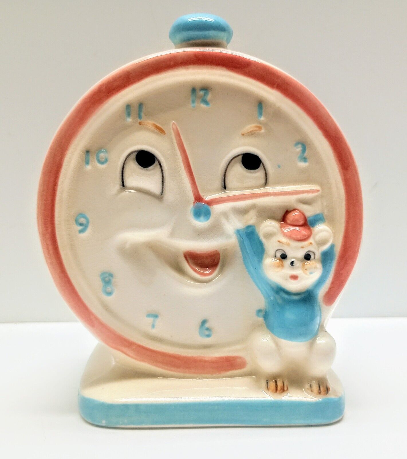 Vintage Whimsical Clock Face Mouse Napco Planter Pink Blue Baby Anthropomorphic