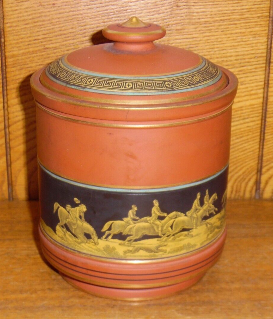 Antique Redware Tobacco Jar w/ Fox Hunting Scene - J.S. Mitchell & Co Sherbrooke