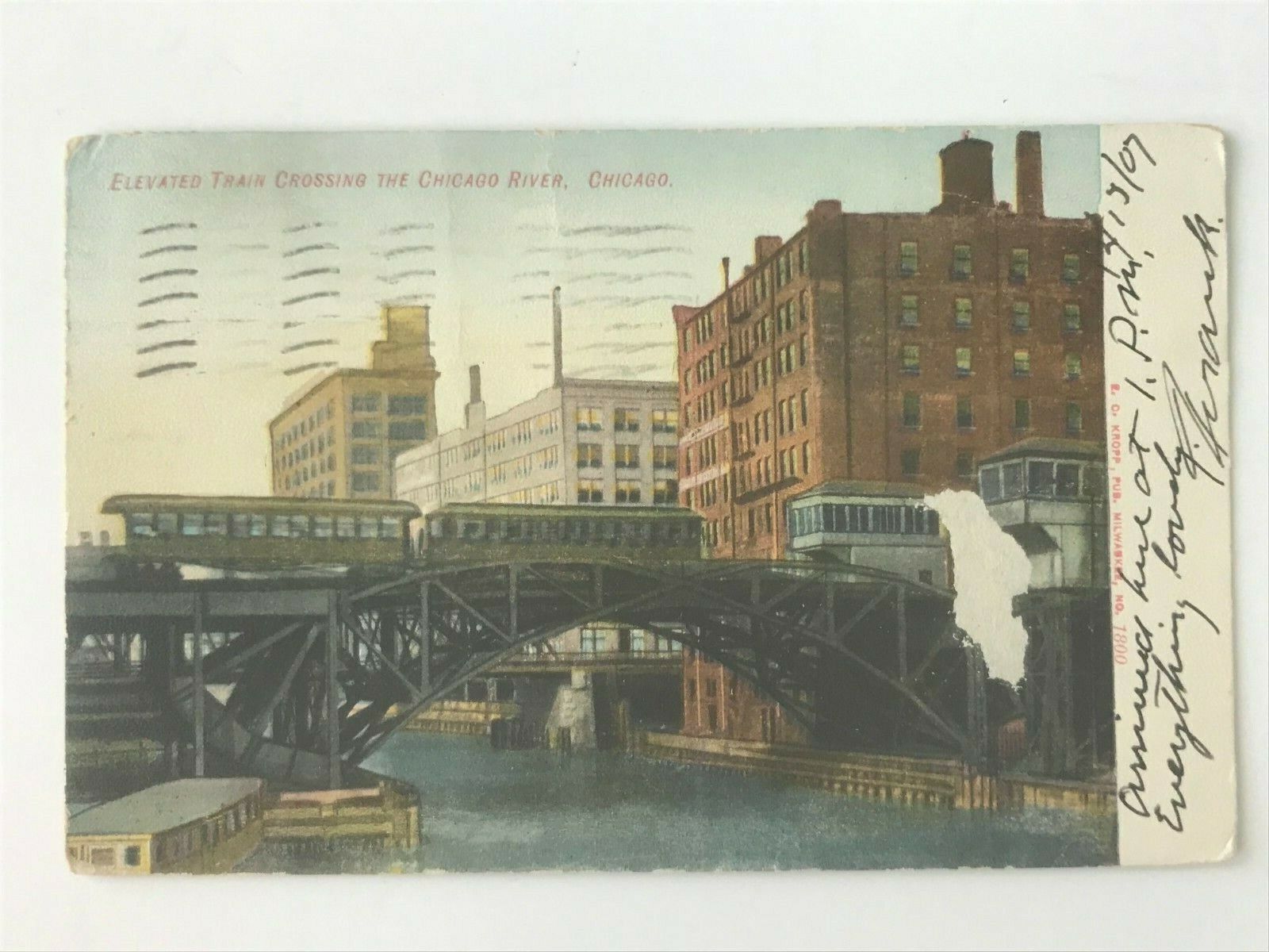 Postcard IL Chicago Elevated Train Crossing Chicago River Lift Bridge c1907