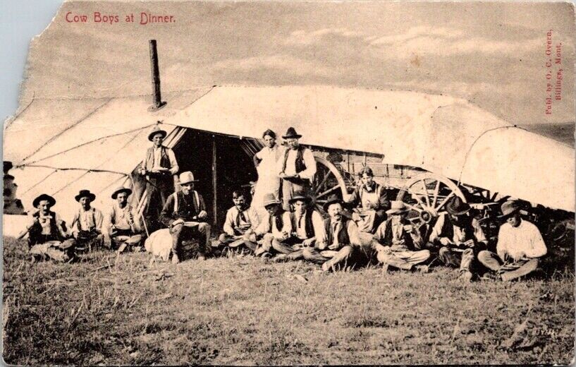 Postcard Cowboys at Dinner Chuck Wagon Cook Tent Billings Montana MT 1908   O438