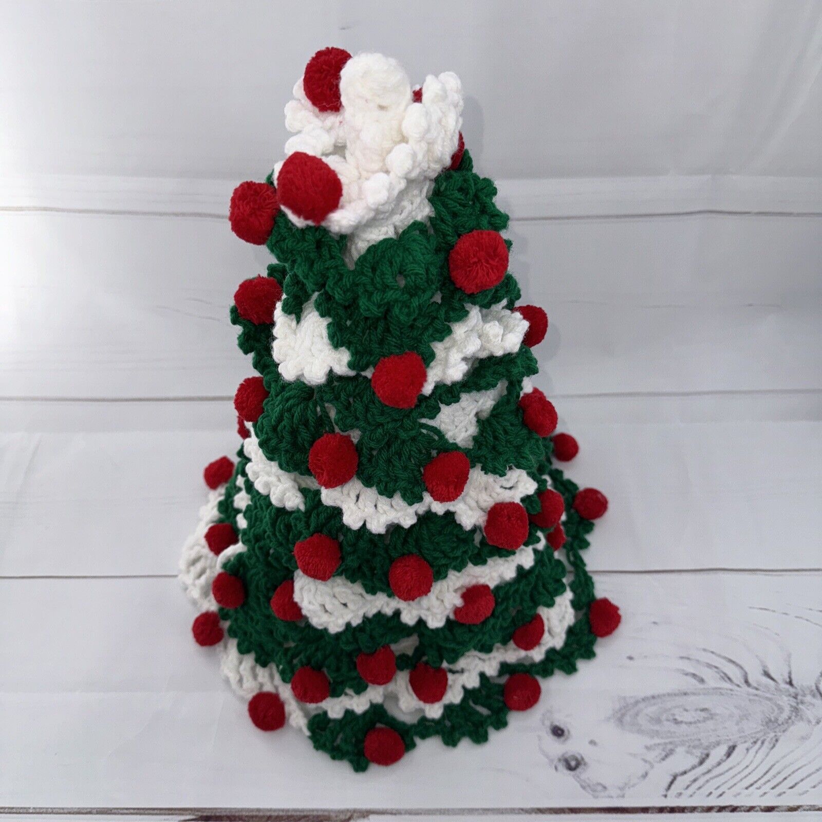 Crocheted 16” Christmas Tree Decoration Red Green White Handcrafted